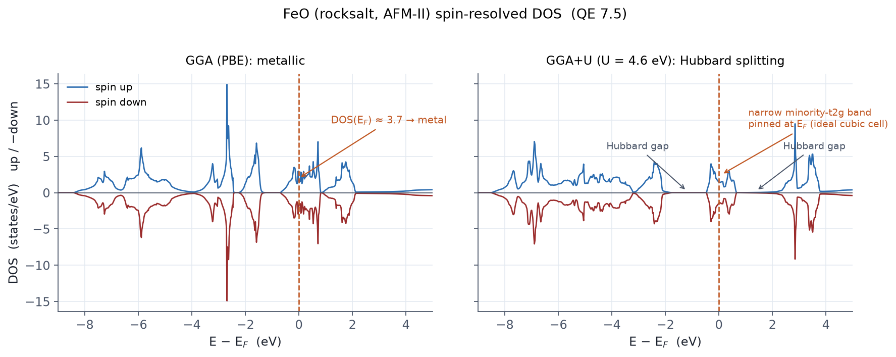 FeO spin-resolved DOS: GGA metallic vs GGA+U